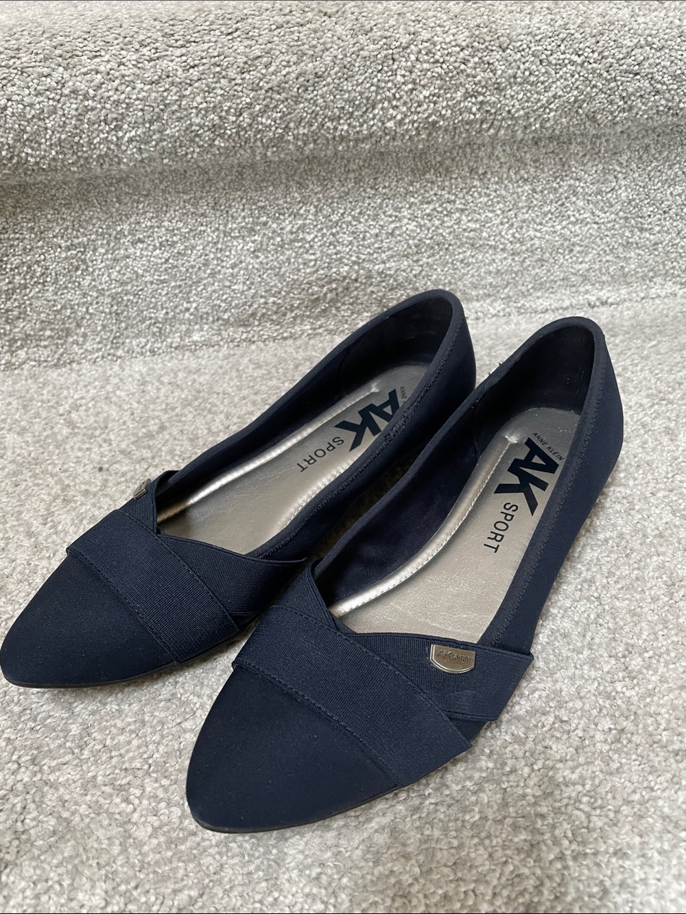 Anne Klein Navy Pointed-Toe Slip Ons with Cross Band Accent
